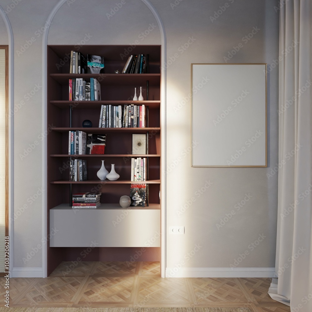 poster frame mockup in modern contemporary living room. there is bookshelf with books and decorations in it. 3d illustration poster frame mockup in modern contemporary living room. there is bookshelf with books and decorations in it. 3d illustration