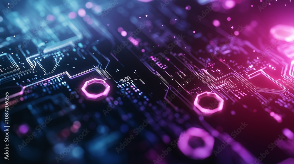 Fototapeta premium Beautiful abstract tech background on the theme of modern technology development. Bright neon colors and neural lines in space