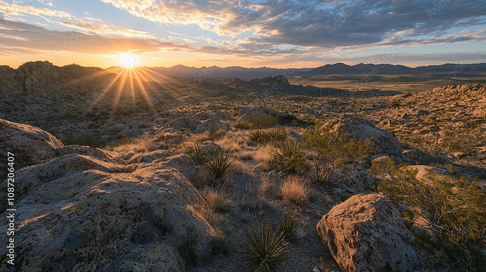 Obraz premium Breathtaking Desert Sunrise Over Rocky Landscapes