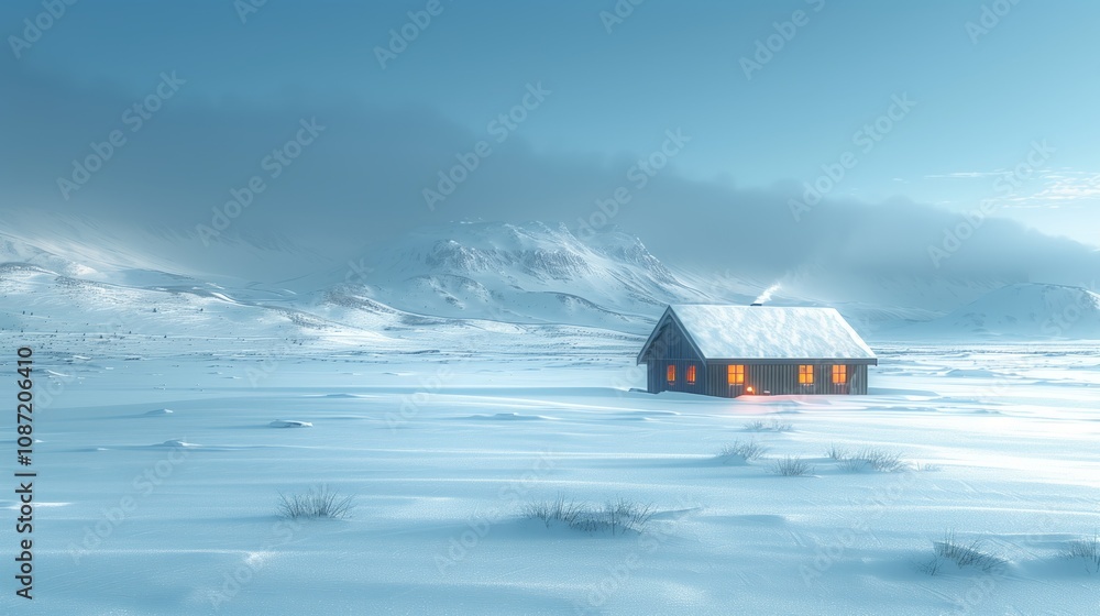 Remote Cabin in a Snowy Mountain Landscape with Warm Glowing Windows Remote Cabin in a Snowy Mountain Landscape with Warm Glowing Windows