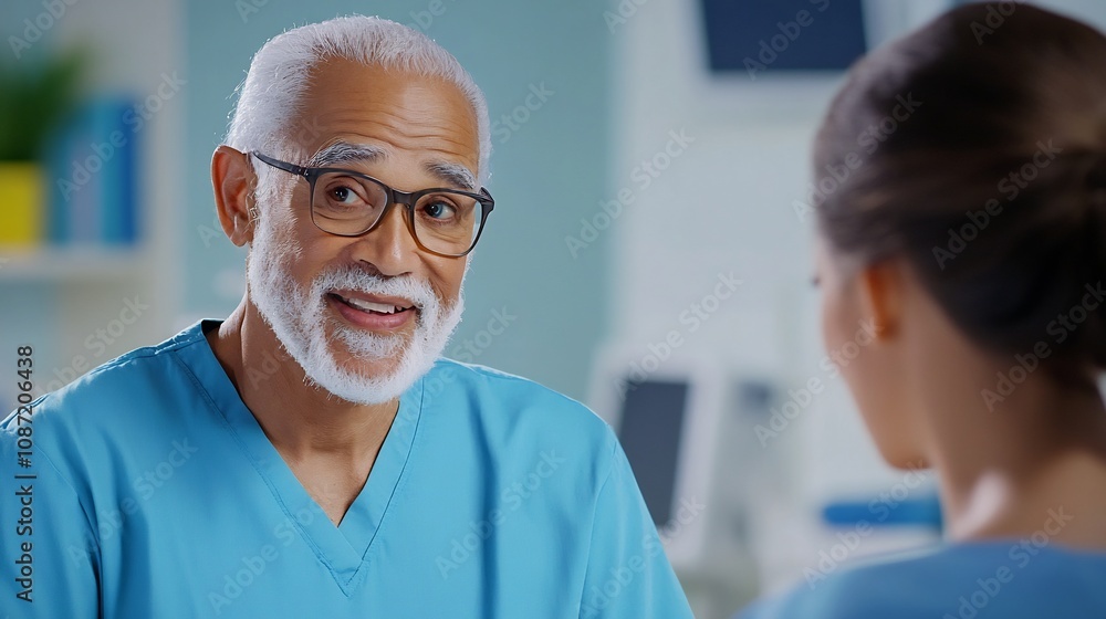 Obraz premium Senior Male Patient Discussing Healthcare With Attentive Nurse In Medical Setting