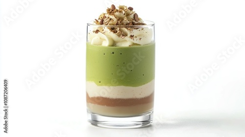 Delicious Layered Dessert with Green Matcha Cream, Smooth Whipped Topping, and Crunchy Nuts in a Clear Glass Jar