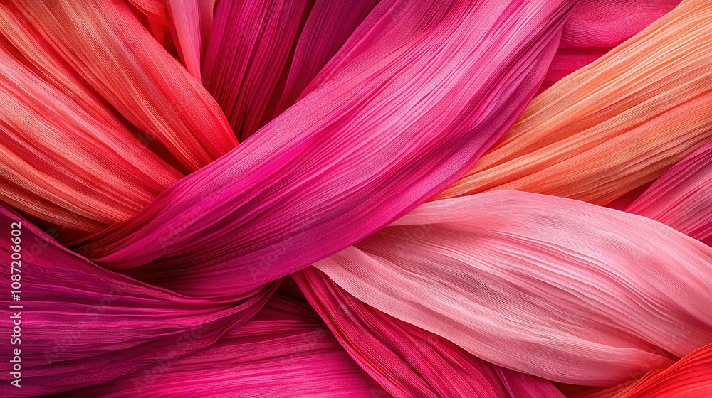 A close-up of a pleated fabric in shades of red, pink, and orange A close-up of a pleated fabric in shades of red, pink, and orange