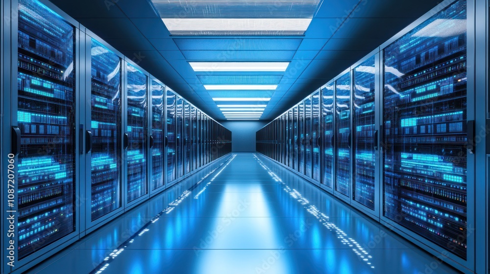 A futuristic data center featuring rows of servers illuminated by blue lighting. A futuristic data center featuring rows of servers illuminated by blue lighting.