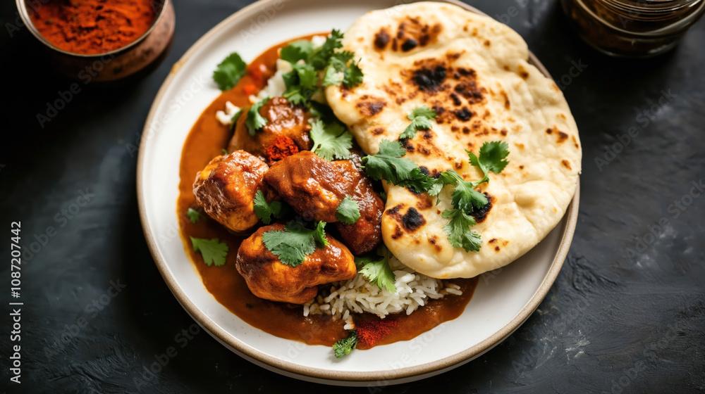 Plate of chicken curry on rice with naan bread and garnished with cilantro, accompanied by a bowl of spices on a dark background. Plate of chicken curry on rice with naan bread and garnished with cilantro, accompanied by a bowl of spices on a dark background.