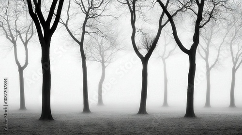   A monochrome image of a forest path on a hazy morning with a park bench in the foreground