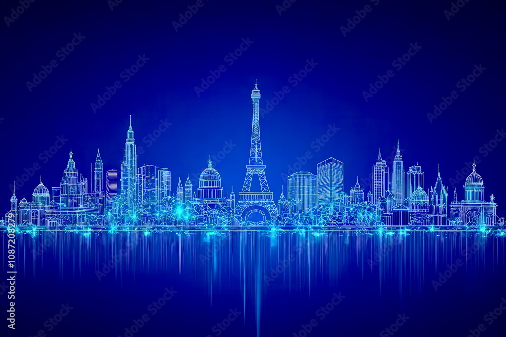 Fototapeta premium Minimalistic line icons of buildings and landmarks, clean design for travel and tourism themes