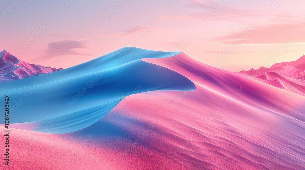A surreal landscape of soft pink and blue sand dunes under a pastel sky at sunset creating a tranquil atmosphere in nature A surreal landscape of soft pink and blue sand dunes under a pastel sky at sunset creating a tranquil atmosphere in nature