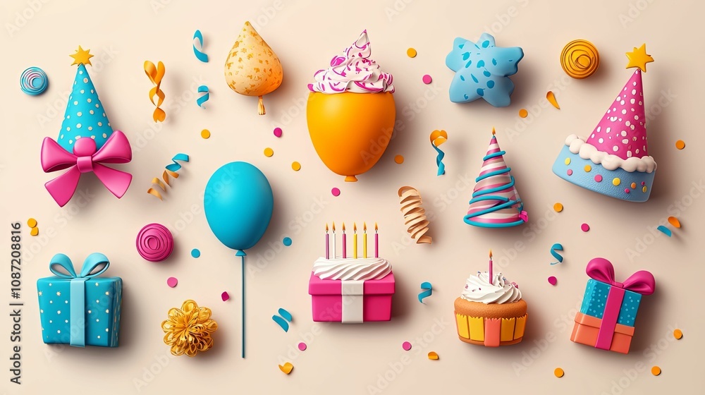 3D Festive Birthday Party Decorations with Balloons, Hats, and Gifts 3D Festive Birthday Party Decorations with Balloons, Hats, and Gifts