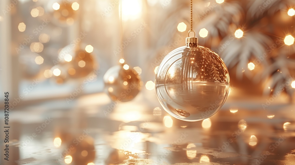 Golden Glass Bauble Hanging with Sparkling Light Reflections Golden Glass Bauble Hanging with Sparkling Light Reflections