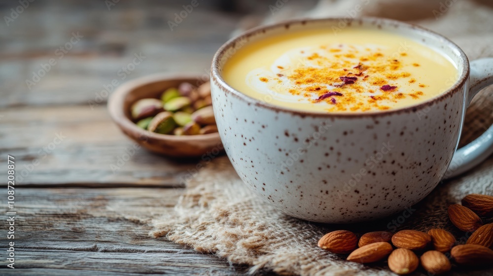A warm cup of Kesar Badam Doodh, golden saffron milk topped with chopped almonds, pistachios, and a sprinkle of nutmeg, set on a rustic wooden table with scattered nuts and cozy textures. A warm cup of Kesar Badam Doodh, golden saffron milk topped with chopped almonds, pistachios, and a sprinkle of nutmeg, set on a rustic wooden table with scattered nuts and cozy textures.