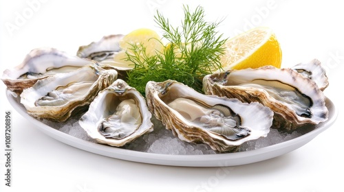 Minimalist seafood platter with oysters and lemon, stark clean background, [appetizers], [sophisticated seafood] photo