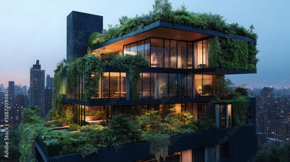 Urban oasis with vibrant greenery spilling from a rooftop garden atop a skyscraper, showcasing a blend of nature and architecture Urban oasis with vibrant greenery spilling from a rooftop garden atop a skyscraper, showcasing a blend of nature and architecture