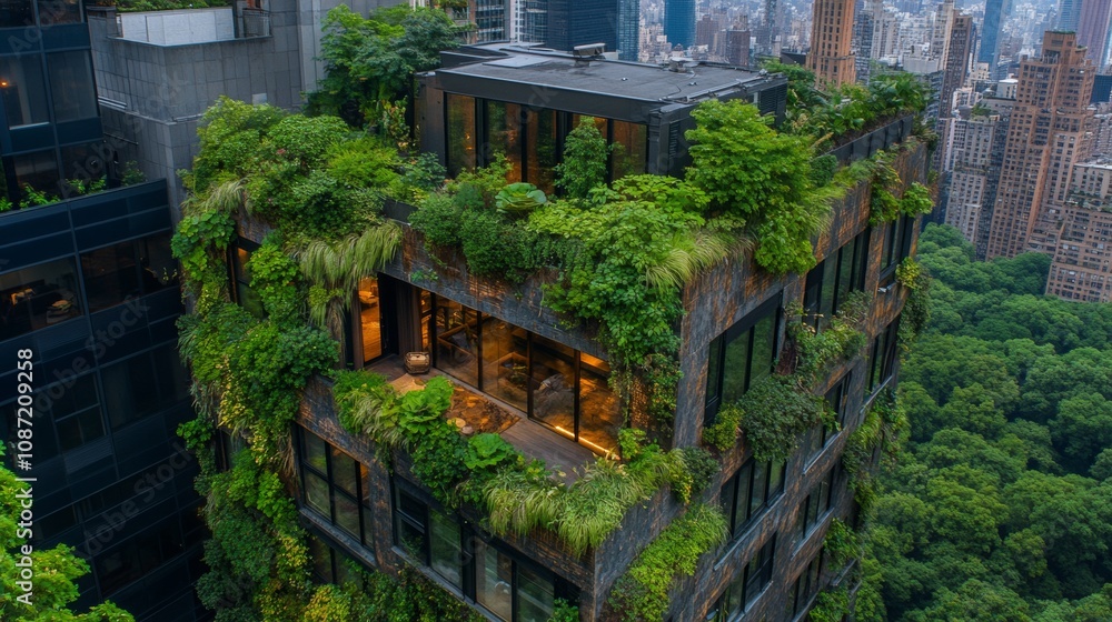 Lush rooftop garden overflowing with vibrant greenery, cascading plants adorn the building's sides, creating a serene urban oasis. Lush rooftop garden overflowing with vibrant greenery, cascading plants adorn the building's sides, creating a serene urban oasis.
