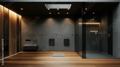 Wallpaper Mural Modern minimalist bathroom with wooden flooring, concrete walls, glass shower enclosure, overhead rain shower, recessed lighting, and a wall-mounted sink. Torontodigital.ca