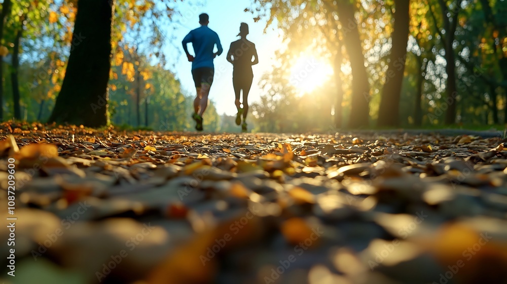 Energetic friends enjoying a late afternoon run in a picturesque park during autumn Energetic friends enjoying a late afternoon run in a picturesque park during autumn