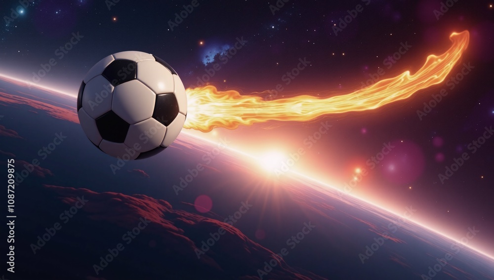 Naklejka premium A surreal interstellar soccer game unfolds in vibrant celestial scenery with cosmic motion and astounding visuals