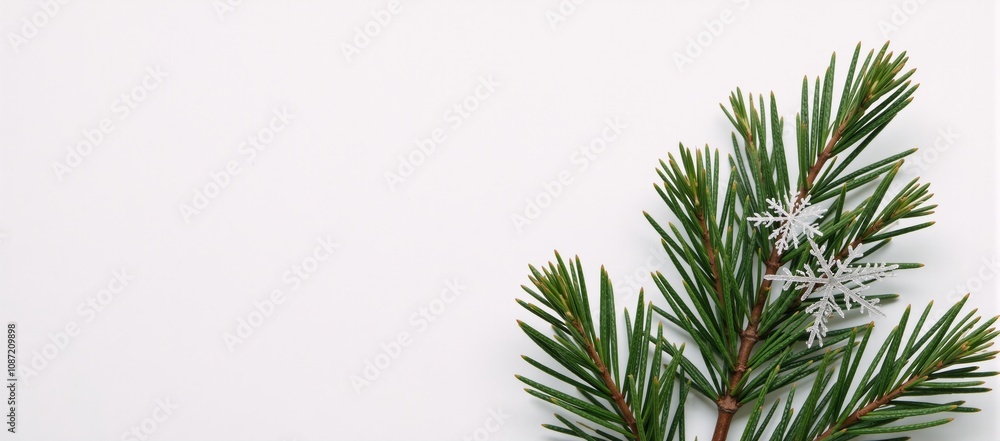 Obraz premium A Merry Christmas greeting card showcasing pine branches and snowflakes
