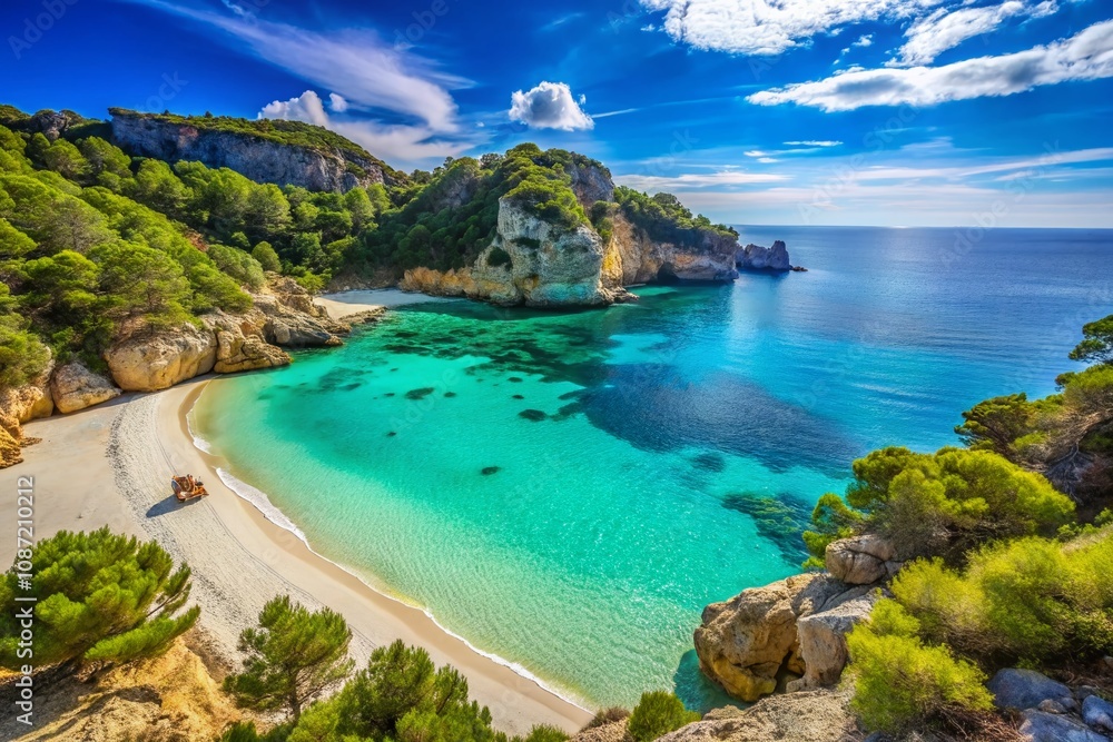 Serene Unspoiled Mediterranean Seaside Beach with Crystal Clear Waters, Soft White Sand, and Vibrant Green Cliffs Under a Clear Blue Sky, Ideal for Relaxation and Nature Lovers Serene Unspoiled Mediterranean Seaside Beach with Crystal Clear Waters, Soft White Sand, and Vibrant Green Cliffs Under a Clear Blue Sky, Ideal for Relaxation and Nature Lovers