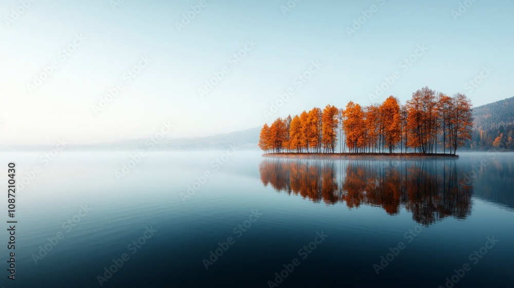 Fototapeta premium Serene autumn lake at dawn, fog hovering over water, vibrant trees reflecting in tranquil surface, soft light enhances peaceful ambiance