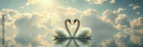 A pair of white swans swim on calm water, their necks intertwined to form a heart photo