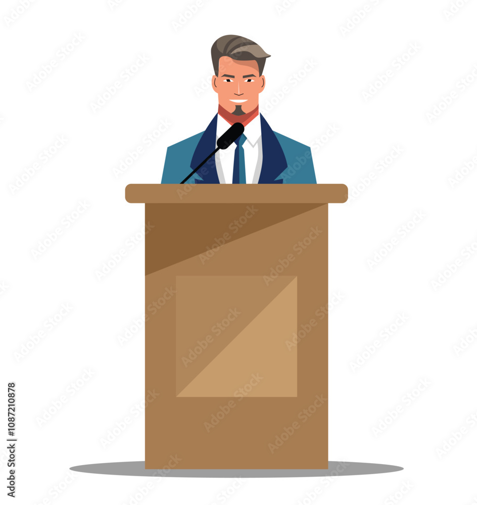 Businessman Speaking at the Tribune through a Microphone. Business people and public activities vector art Businessman Speaking at the Tribune through a Microphone. Business people and public activities vector art