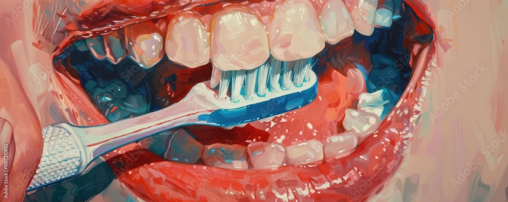 Fototapeta premium Close-up of a person brushing teeth with a blue toothbrush