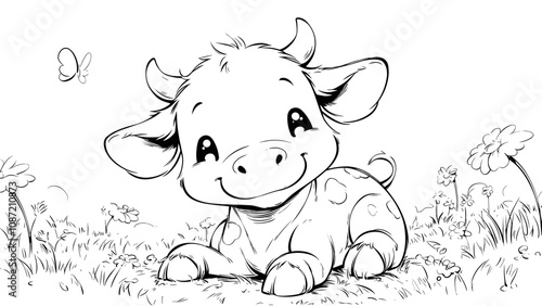 Cute Calf in Meadow Cartoon Character Coloring Page for Kids Adorable Illustration Scenic Field Background Fun Drawing for Children Playful Farm Animal Art Page
