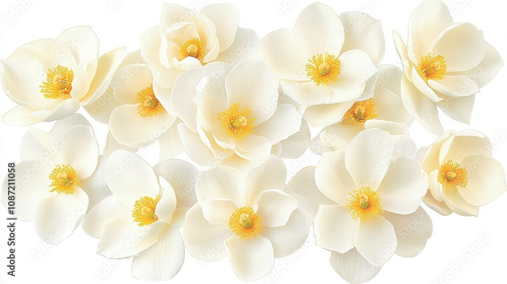 Fototapeta premium White flowers on white surface with yellow stamens