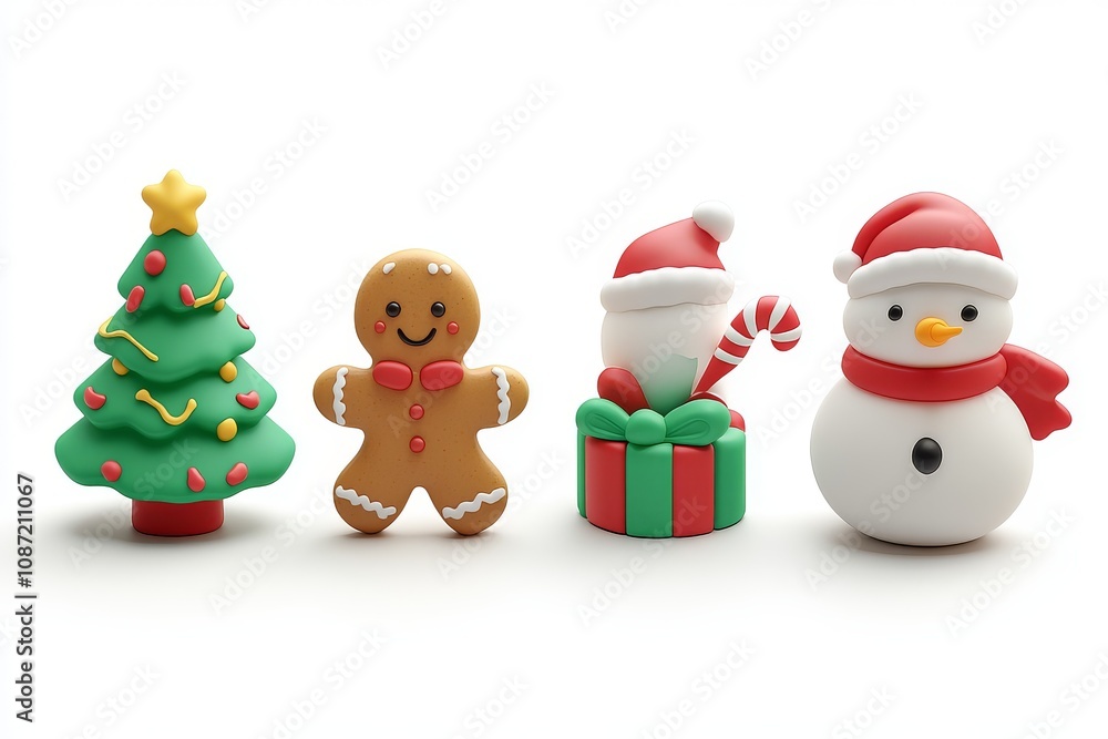 High-Resolution 2D Vector Icon Set of Christmas Decorations: Gingerbread Man, Snowman, Tree, Candy Cane, Gift Box on White Background High-Resolution 2D Vector Icon Set of Christmas Decorations: Gingerbread Man, Snowman, Tree, Candy Cane, Gift Box on White Background