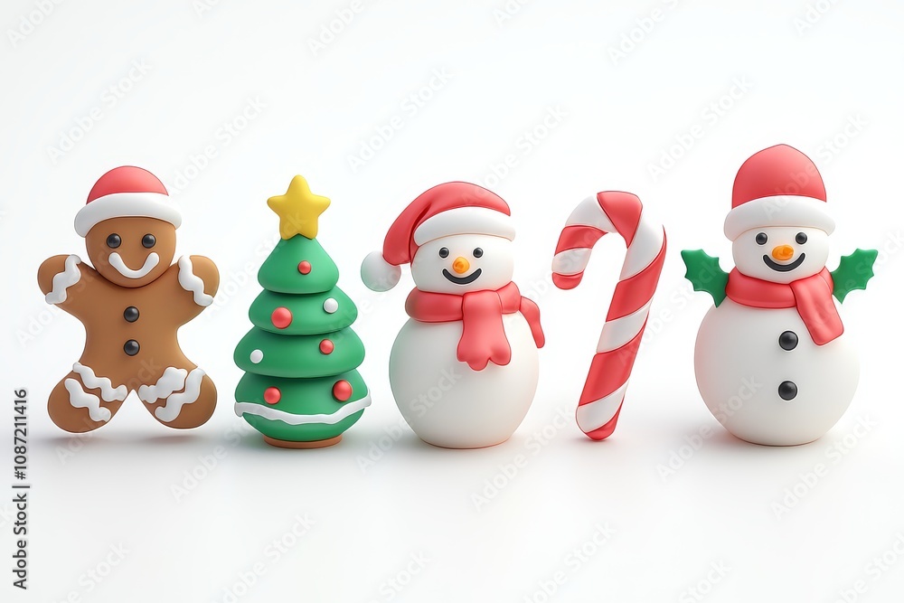 High-Resolution 2D Vector Icon Set of Christmas Decorations: Gingerbread Man, Snowman, Tree, Candy Cane, Gift Box on White Background High-Resolution 2D Vector Icon Set of Christmas Decorations: Gingerbread Man, Snowman, Tree, Candy Cane, Gift Box on White Background