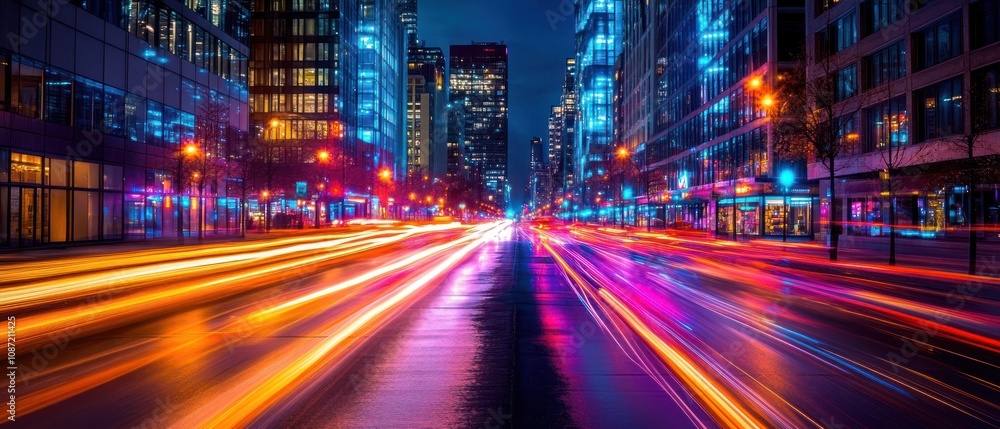A vibrant city street at night, illuminated by colorful lights and dynamic traffic. A vibrant city street at night, illuminated by colorful lights and dynamic traffic.
