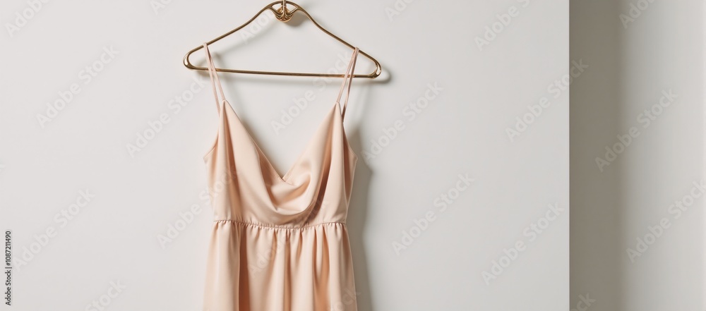 A silk cocktail dress is artfully displayed on a gleaming gold hanger appearing pristine and crisp against a backdrop of immaculate white marble A silk cocktail dress is artfully displayed on a gleaming gold hanger appearing pristine and crisp against a backdrop of immaculate white marble