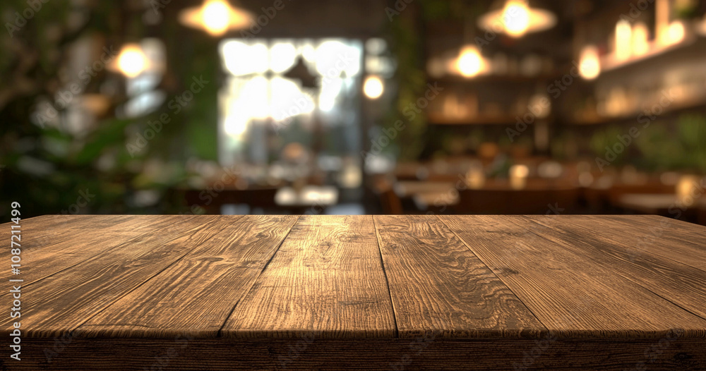 Empty wooden table top with warm natural textures, set against a blurred background of an outdoor restaurant or garden with hanging lantern lights. Perfect for product display or mockups, Generative A Empty wooden table top with warm natural textures, set against a blurred background of an outdoor restaurant or garden with hanging lantern lights. Perfect for product display or mockups, Generative A