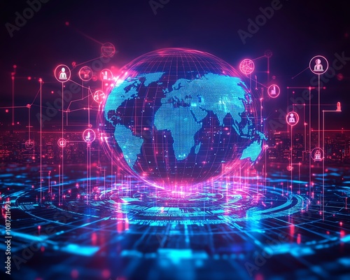 Futuristic global network of business, digital connection lines linking people and AI icons, neon accents, immersive perspective, vibrant blue and purple hues photo