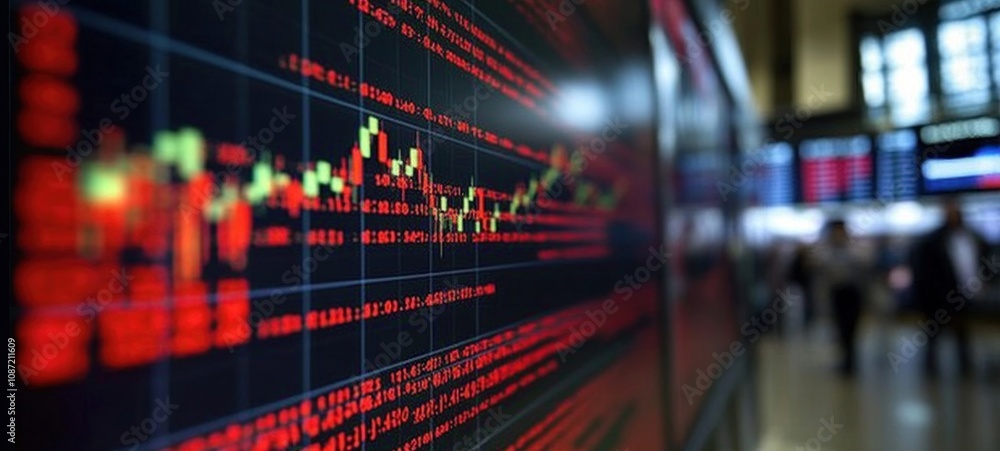 Stock Market Data Display: Red and Green Candlestick Chart on a Large Screen Stock Market Data Display: Red and Green Candlestick Chart on a Large Screen