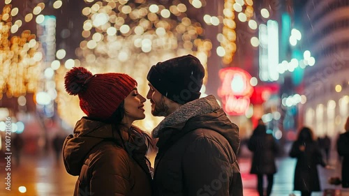 of two amorous pair in love at x-mas midnight illuminated streets standing opposite going to kiss wearing warm jackets outside 4K Video