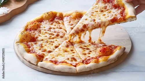 Mouthwatering Close Up of a Freshly Baked Pizza with a Golden Crispy Crust and Stretchy Bubbly Cheese Topping   A Tempting Visual for Food Lovers