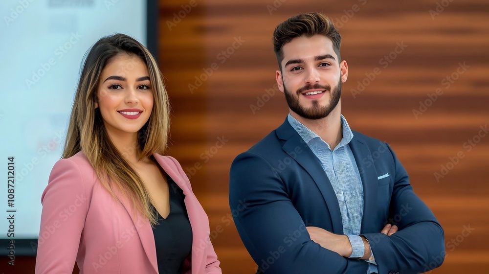 Young Business Professionals Presenting Data Analytics Findings on Large Digital Screen in Conference Room Young Business Professionals Presenting Data Analytics Findings on Large Digital Screen in Conference Room