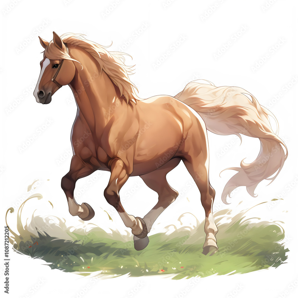 Obraz premium AI Generate of Cartoon brown horse standing and running on savannah isolated by white background