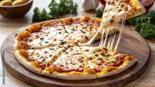 Delectable freshly baked pizza with melted cheese a slice being pulled up with gooey cheese strings surrounded by an array of fresh herbs and vibrant toppings like tomatoes olives and basil photo