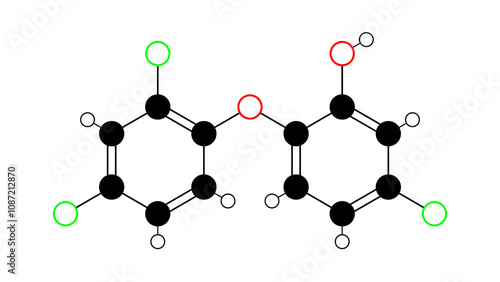 triclosan molecule, structural chemical formula, ball-and-stick model, isolated image antiseptic