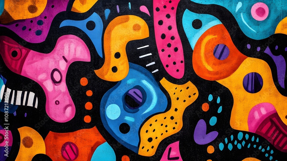 Fototapeta premium Funky doodles with abstract shapes squiggles and dots in bright contrasting colors