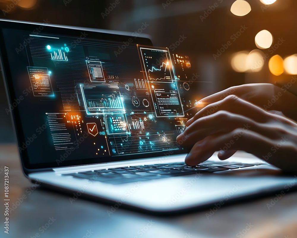 Person accessing online document management system on laptop, digital documents and icons floating on the screen, sleek generative AI interface Person accessing online document management system on laptop, digital documents and icons floating on the screen, sleek generative AI interface