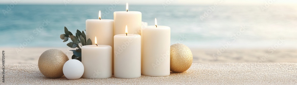 A serene beach scene with lit white candles and decorative orbs creating a calming atmosphere by the shore. A serene beach scene with lit white candles and decorative orbs creating a calming atmosphere by the shore.