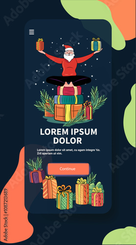 Santa meditating on gifts festive scene. Santa Claus sits cross-legged on colorful presents holding gifts with a dark background and abstract shapes. Mobile app design