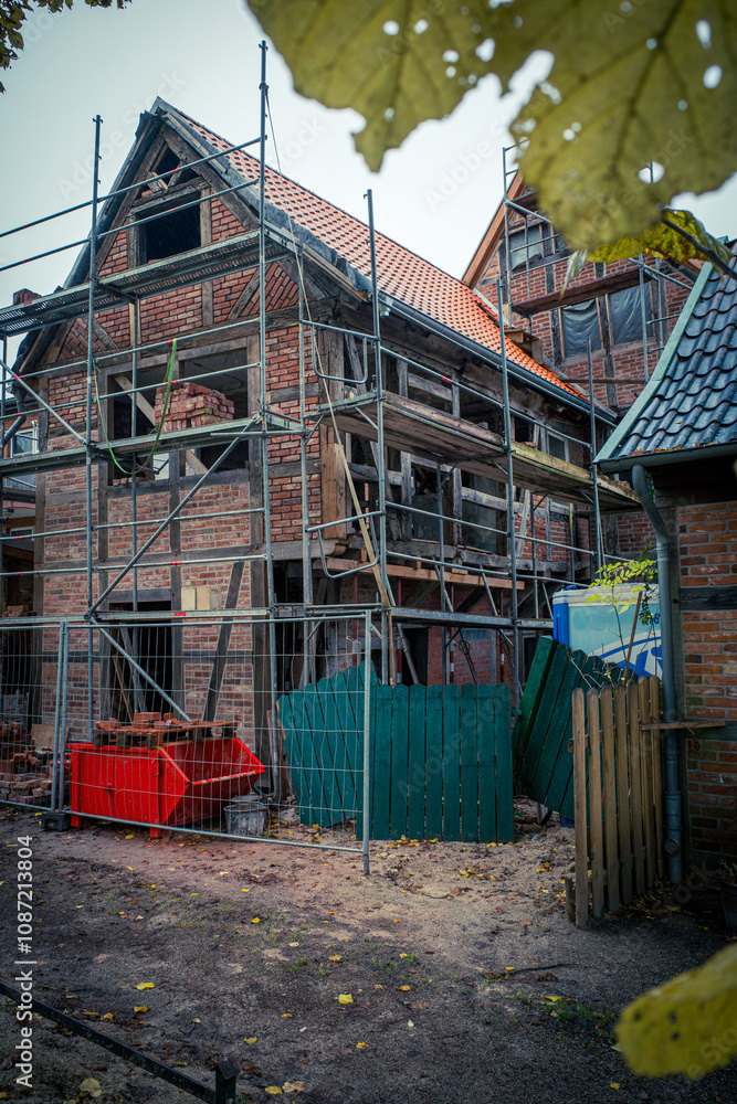 An old German half-timbered house is restored