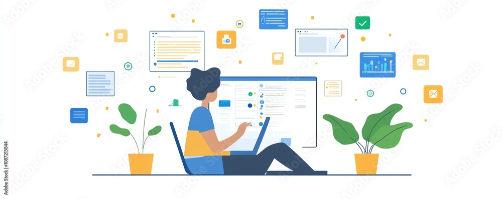 Person using a laptop interface to create and manage digital documents, with icons representing text, images, and data points, generative AI concept Person using a laptop interface to create and manage digital documents, with icons representing text, images, and data points, generative AI concept