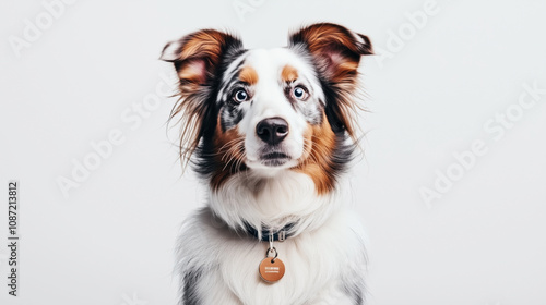 Close-up portrait of an Australian Shepherd dog with multicolored fur and striking blue eyes against a plain background, wearing a collar with a circular name tag.