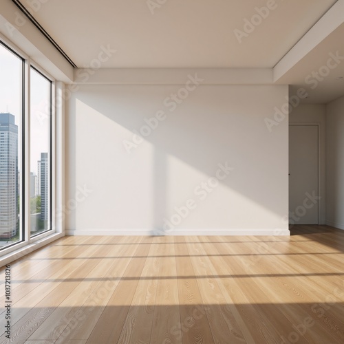 Wallpaper Mural Modern space empty frame on wood-floored wall city panorama through large windows in natural light Rendering Torontodigital.ca